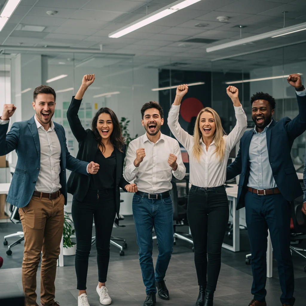 Ein Team im Büro jubelt